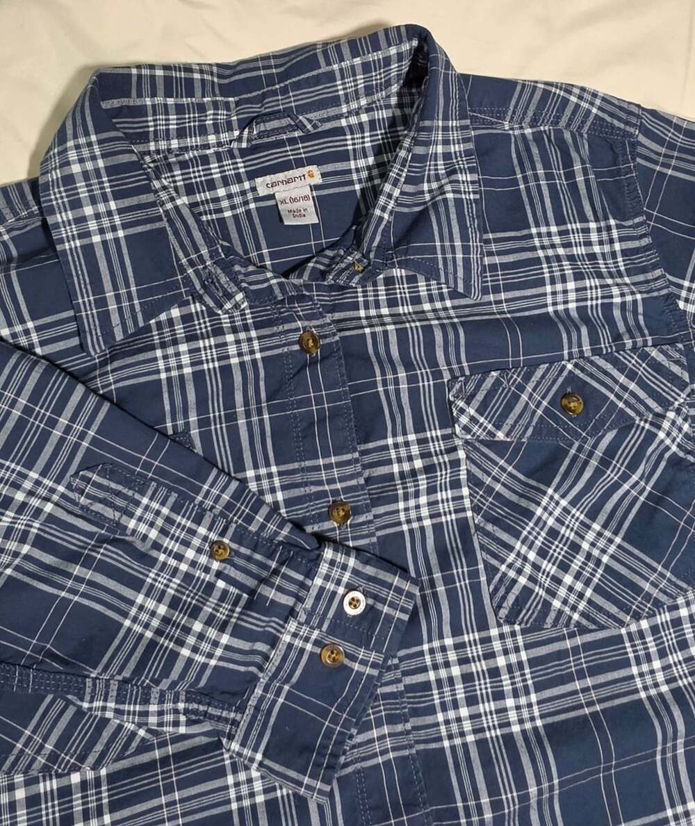 Carhartt Women's Blue Plaid Long Sleeve Button-Up Work Shirt Size XL